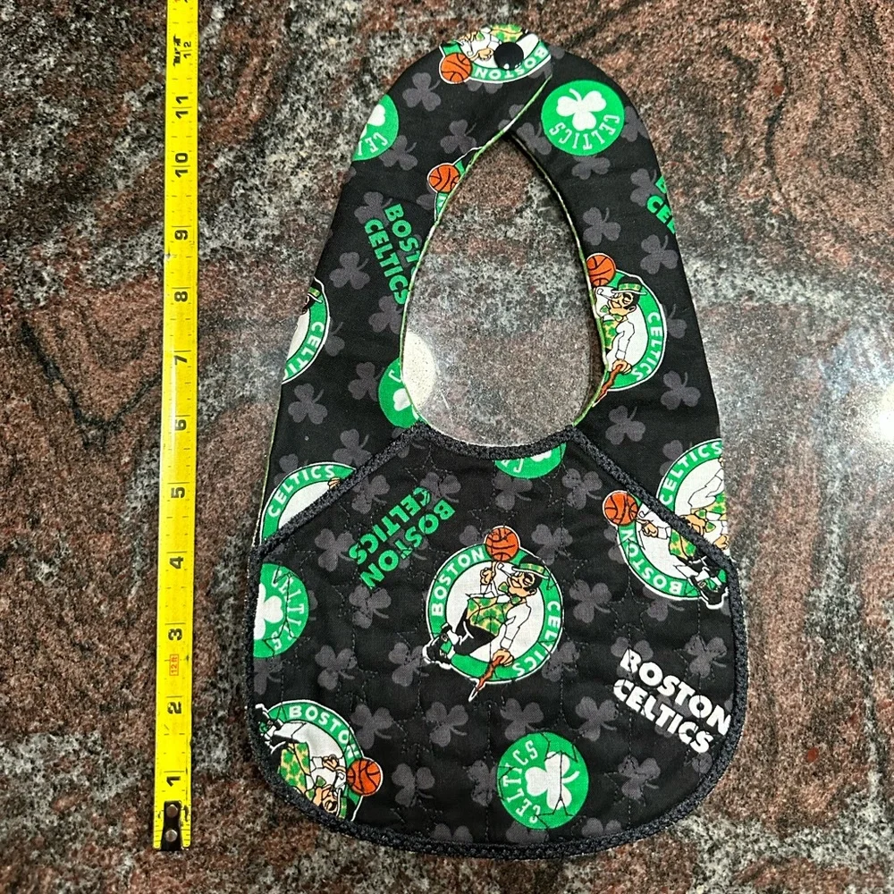 Handmade reversible quilted baby bib in Boston Celtics print